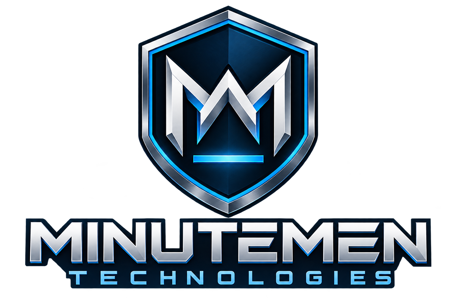Minutemen Technologies Guardian Mark: titanium geometric M inside a navy shield with electric-blue accents
